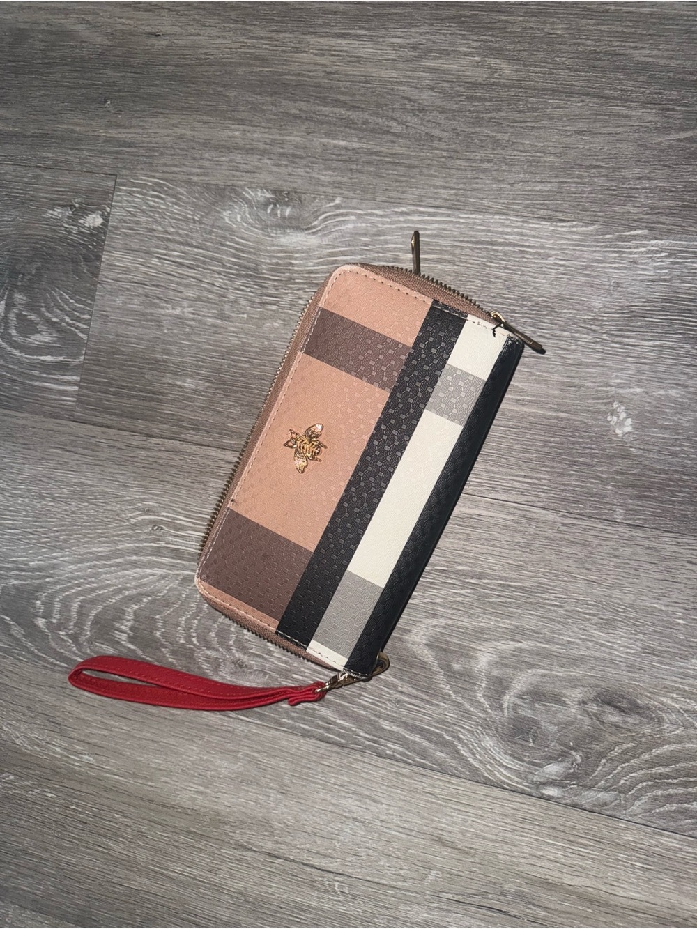 Striped Zip Around Wristlet Wallet - Red, Black, Cream, Brown